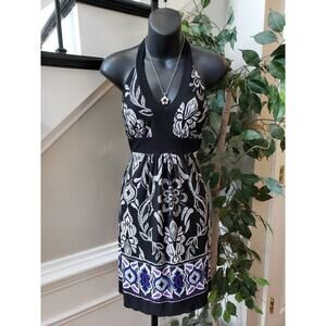 En Focus Studio Fit & Flare Dress Women Size 6 Black Floral Halter Neck Backless